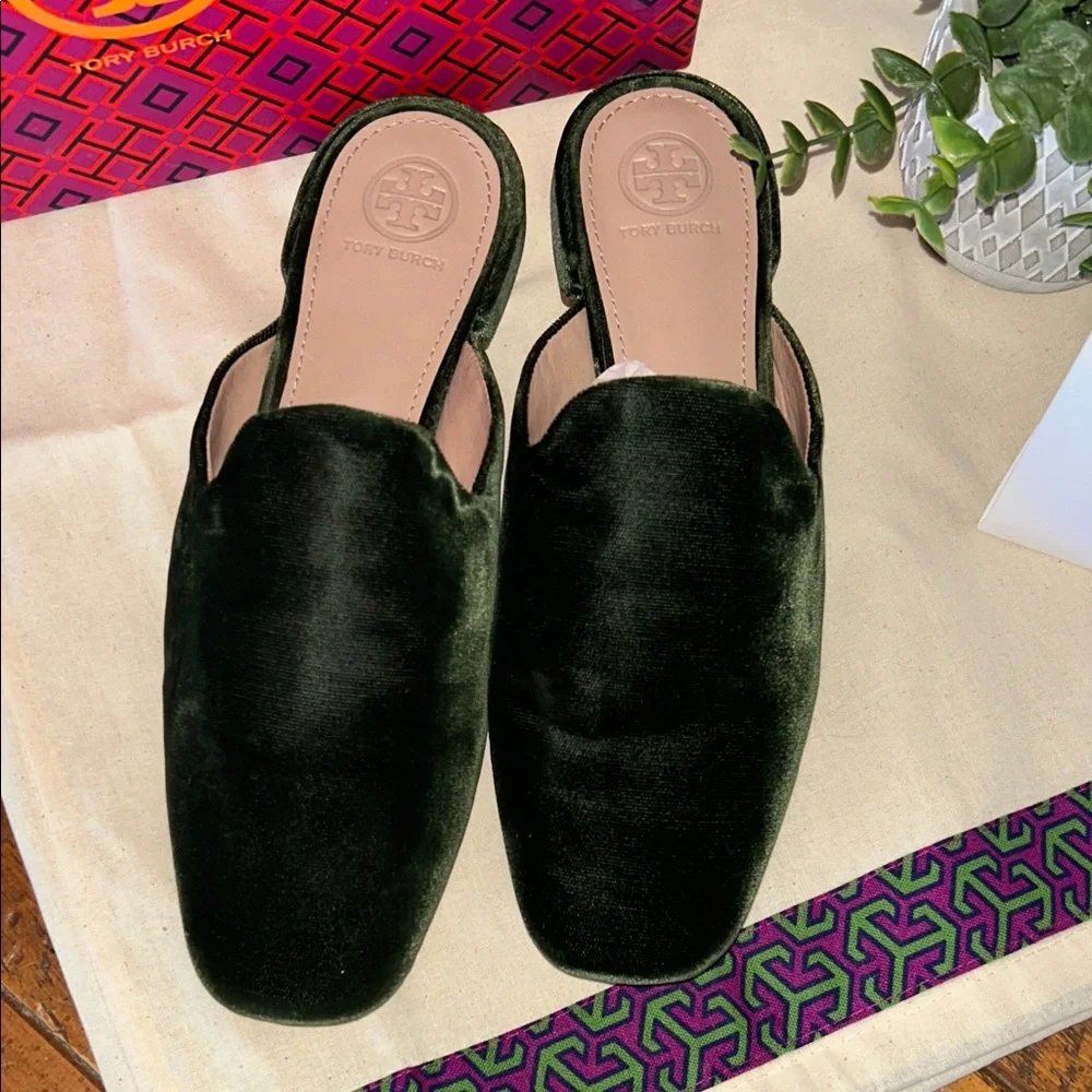 Tory Burch Carlotta Slide Velvet Dark Green Mules